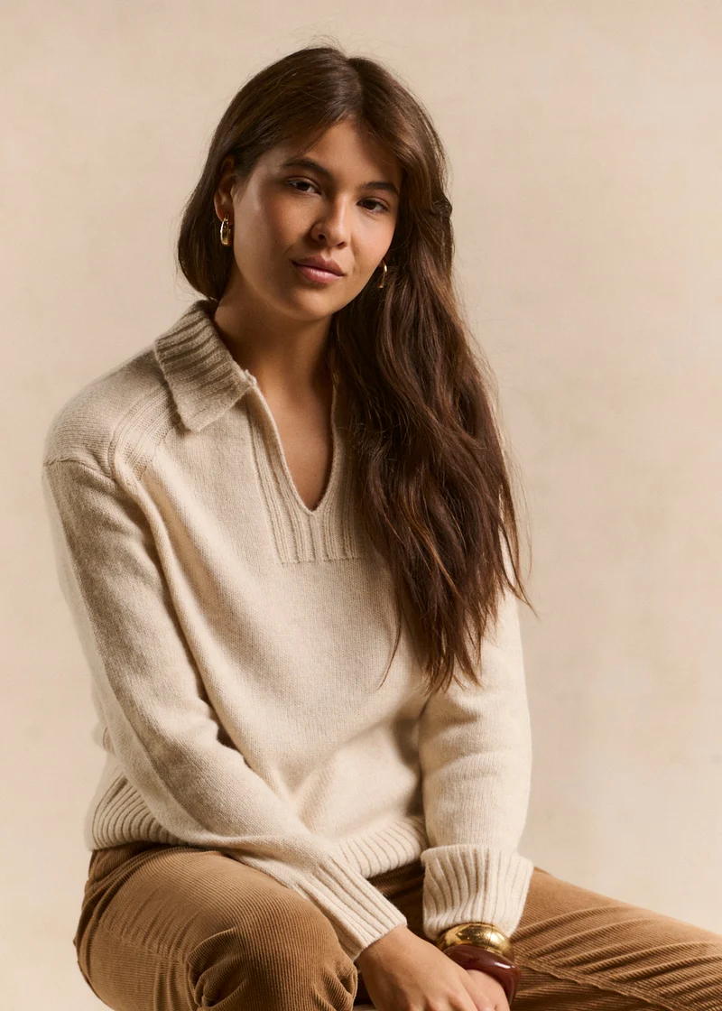 Pull col polo en maille écrue