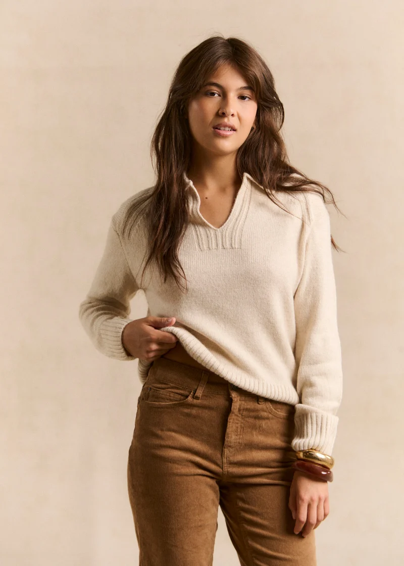 Pull col polo en maille écrue
