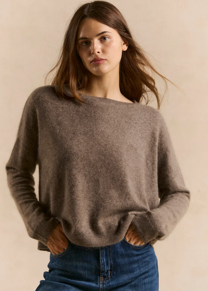 Pull col bateau en laine et cachemire gratté