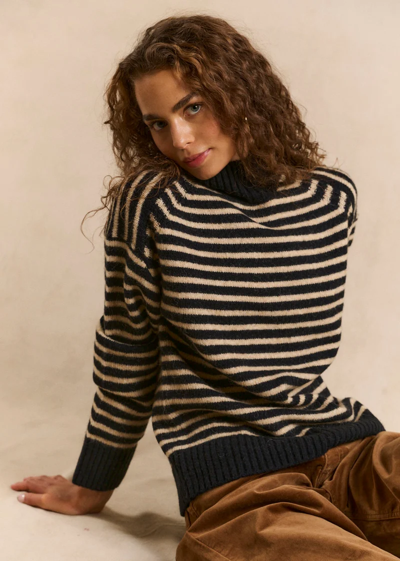 Pull rayé col montant en laine et alpaga