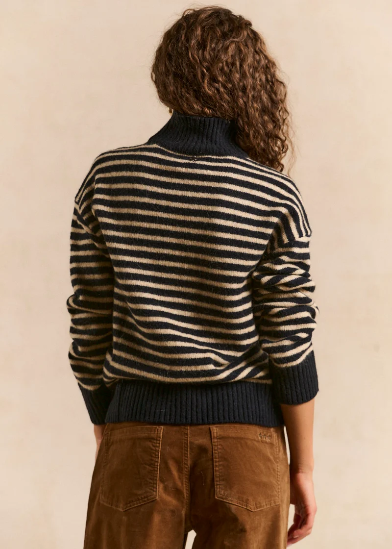 Pull rayé col montant en laine et alpaga