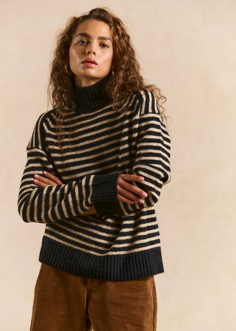 Pull rayé col montant en laine et alpaga