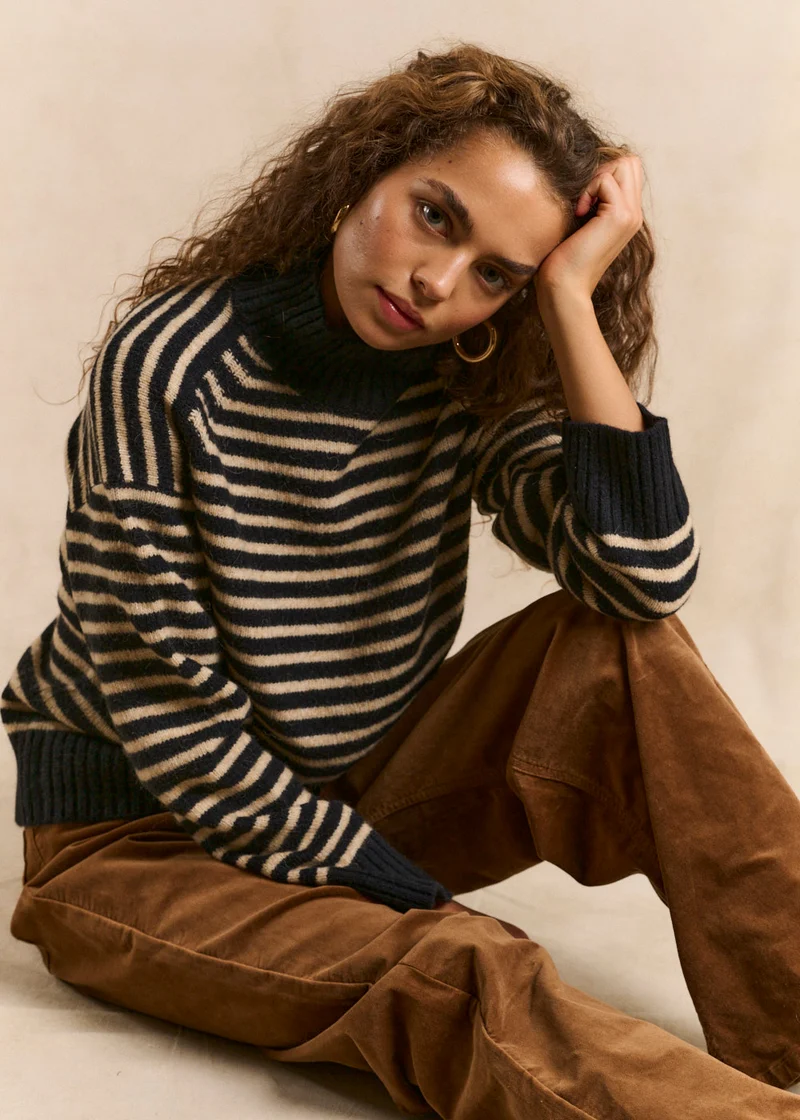 Pull rayé col montant en laine et alpaga