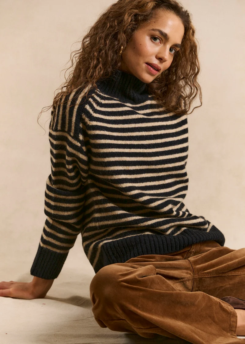Pull rayé col montant en laine et alpaga