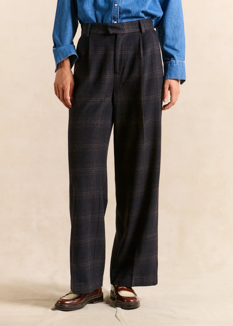 Pantalon large à carreaux taille haute