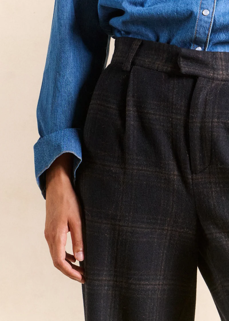Pantalon large à carreaux taille haute