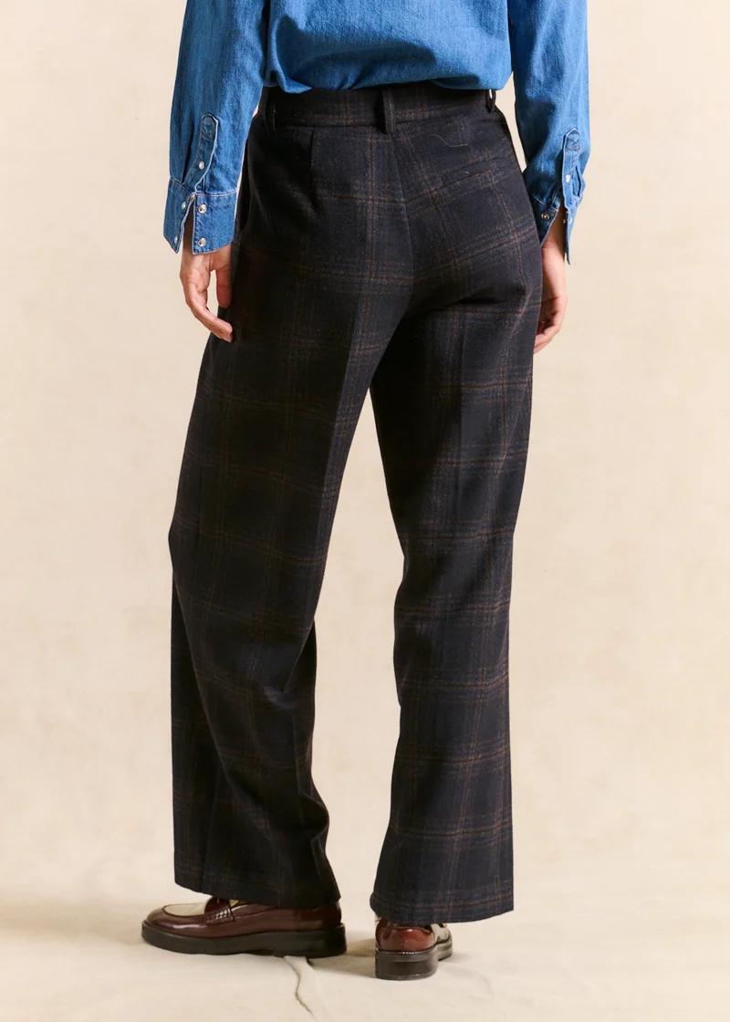 Pantalon large à carreaux taille haute
