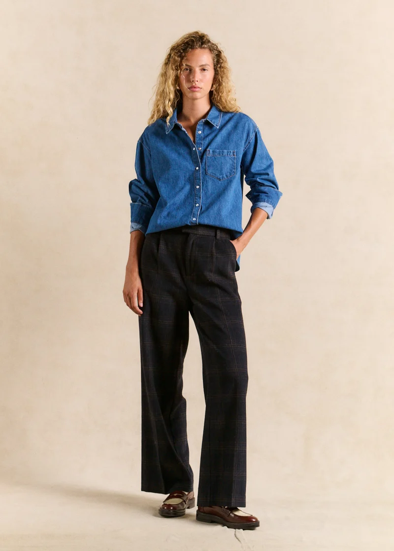 Pantalon large à carreaux taille haute