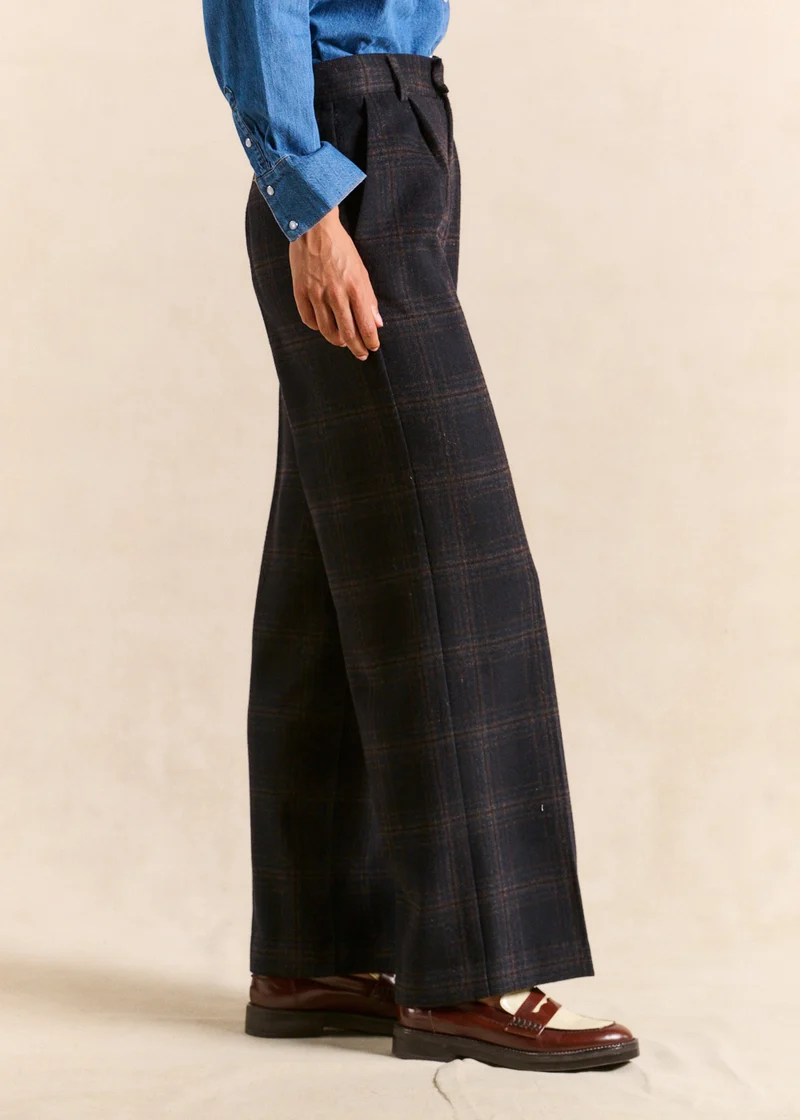 Pantalon large à carreaux taille haute