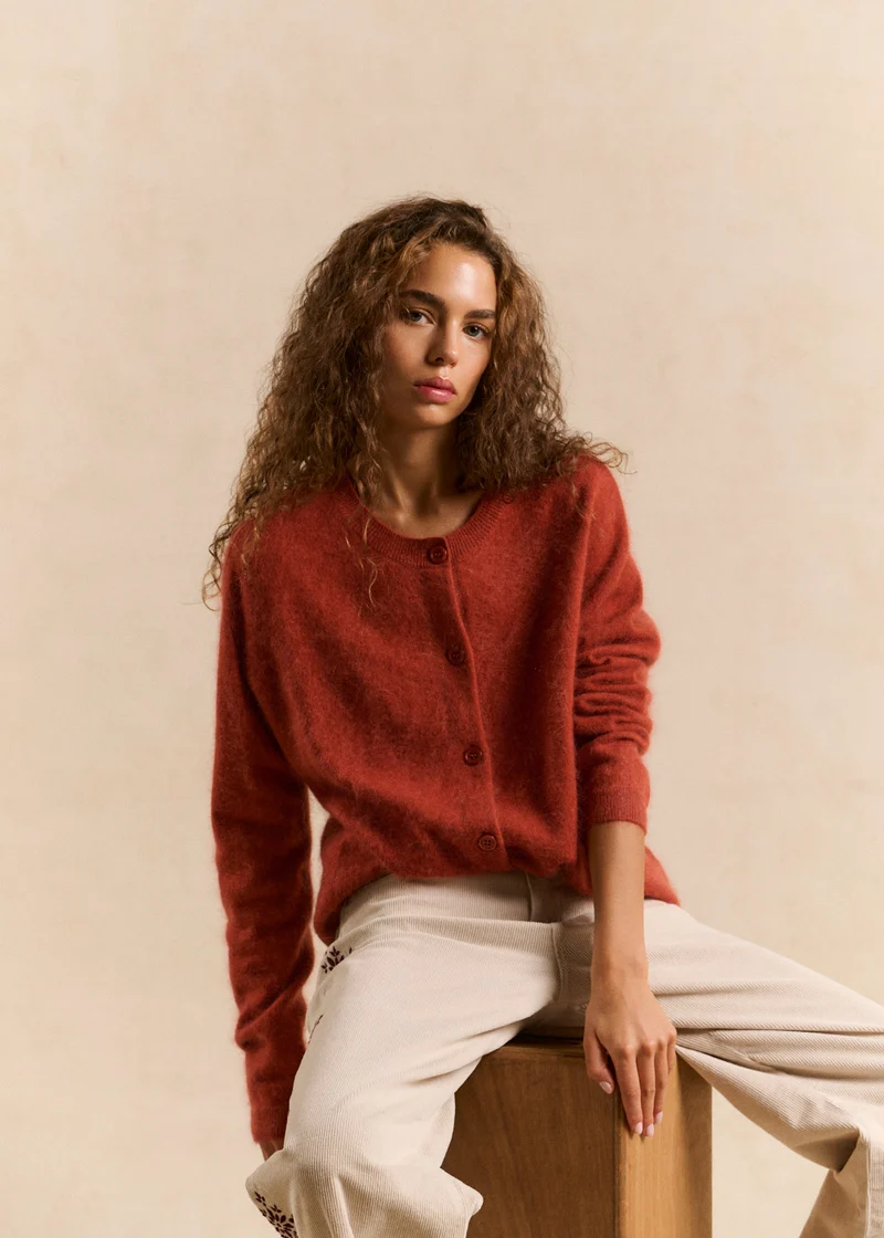 Gilet ample col rond en laine et cachemire brossé