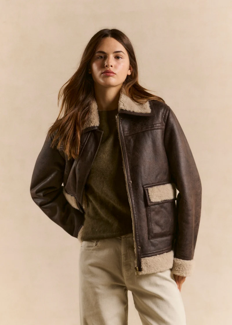 Veste droite effet suede col fourrure