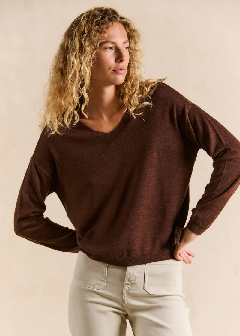 Pull fin col v en laine