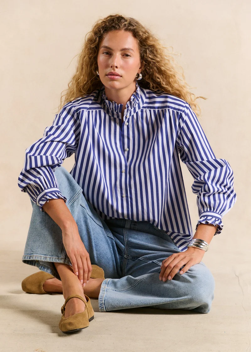Chemise rayée en coton col volanté
