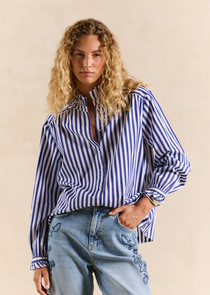 Chemise rayée en coton col volanté