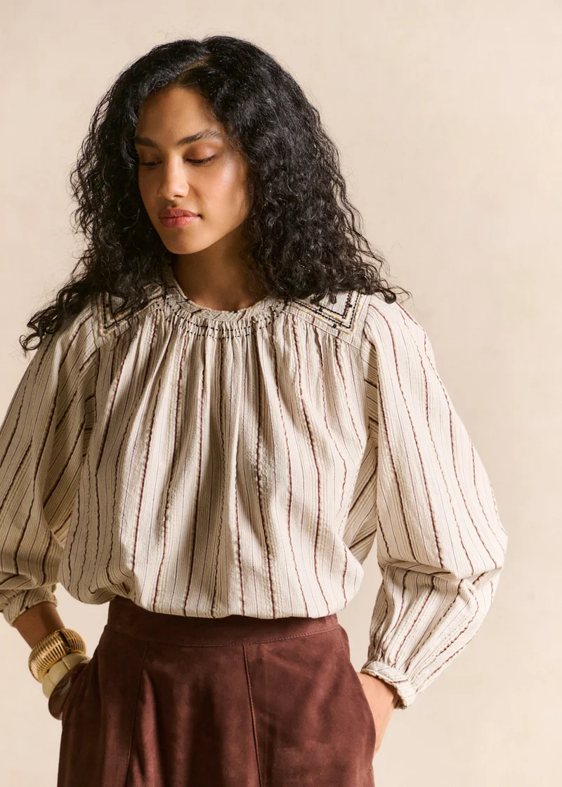 Blouse rayée col rond brodée