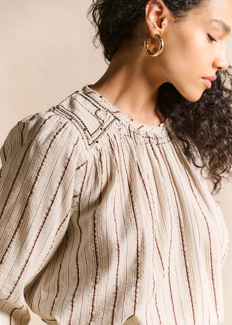 Blouse rayée col rond brodée