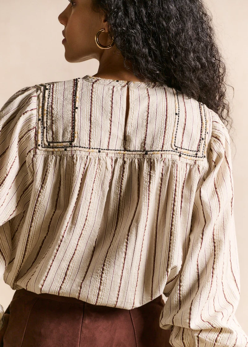 Blouse rayée col rond brodée