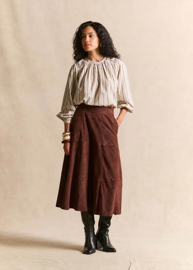 Blouse rayée col rond brodée