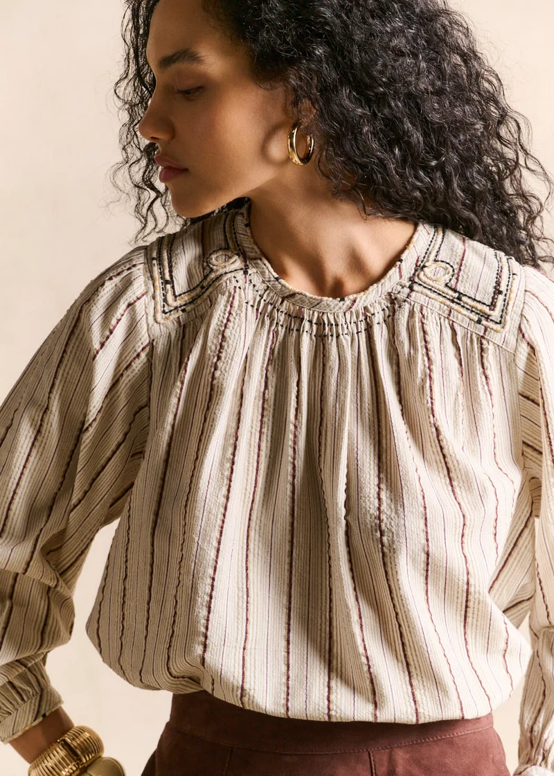 Blouse rayée col rond brodée