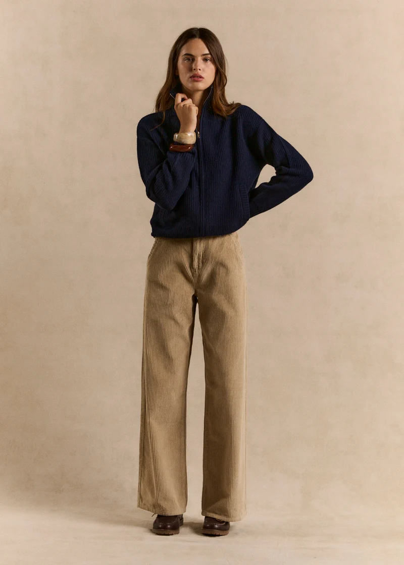 Pantalon large en velours de coton taille haute