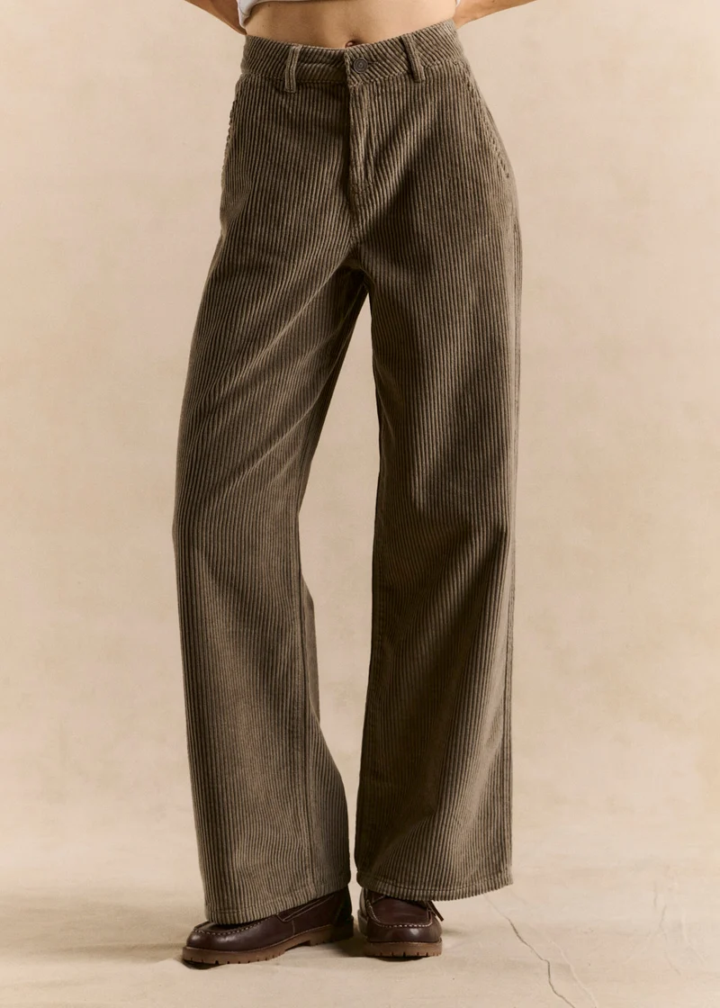 Pantalon large en velours de coton taille haute