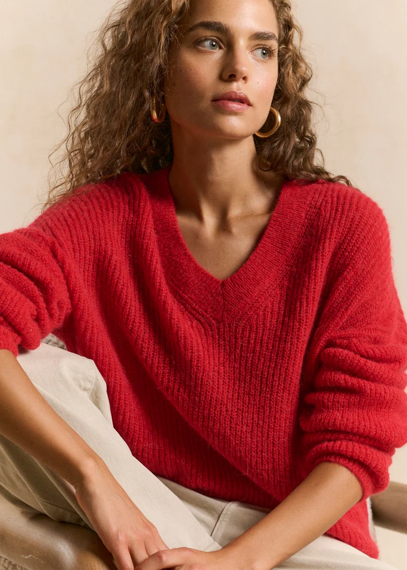 Pull maille côtelée col en V