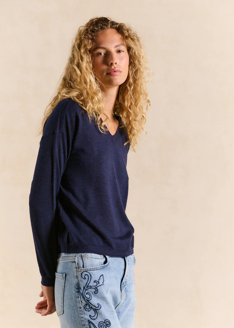 Pull fin col v en laine