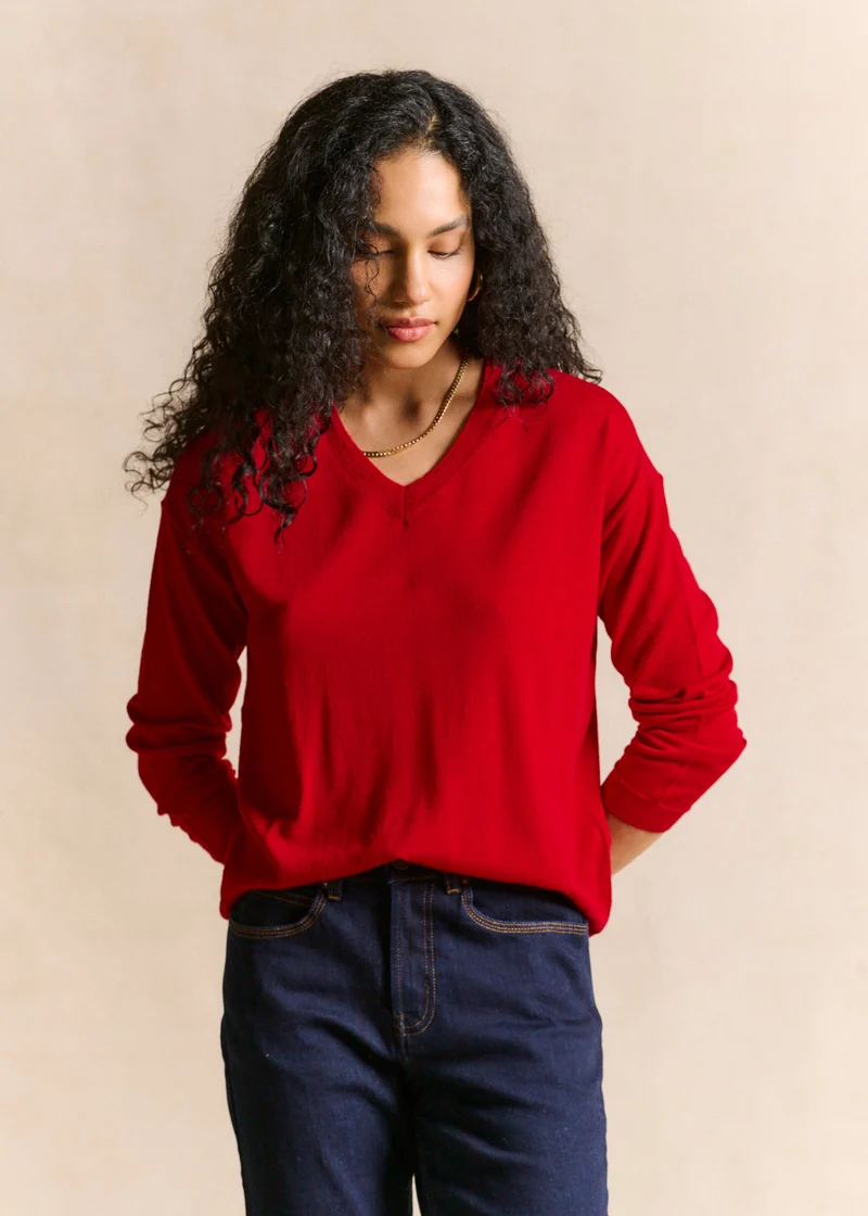 Pull fin col v en laine