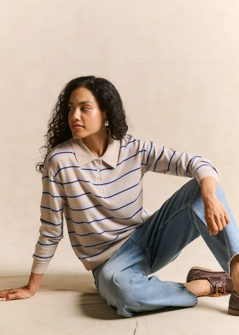 Pull rayé en laine col polo