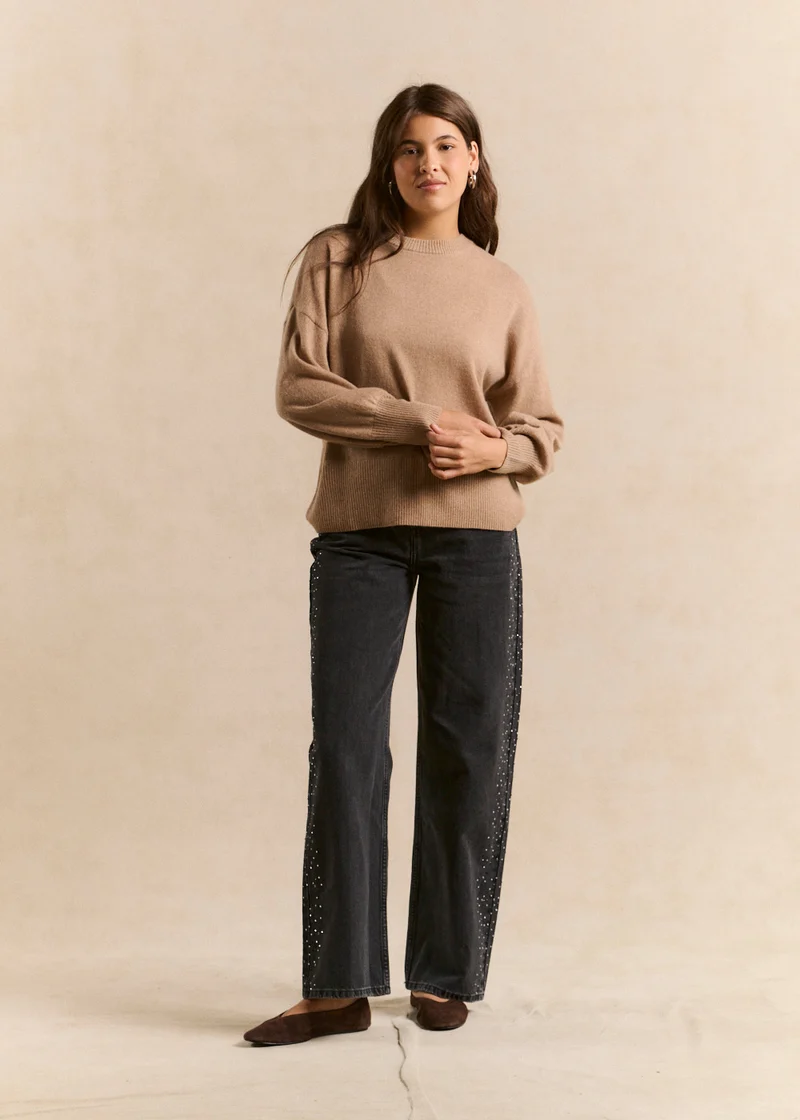 Jean large en denim noir à clous et strass