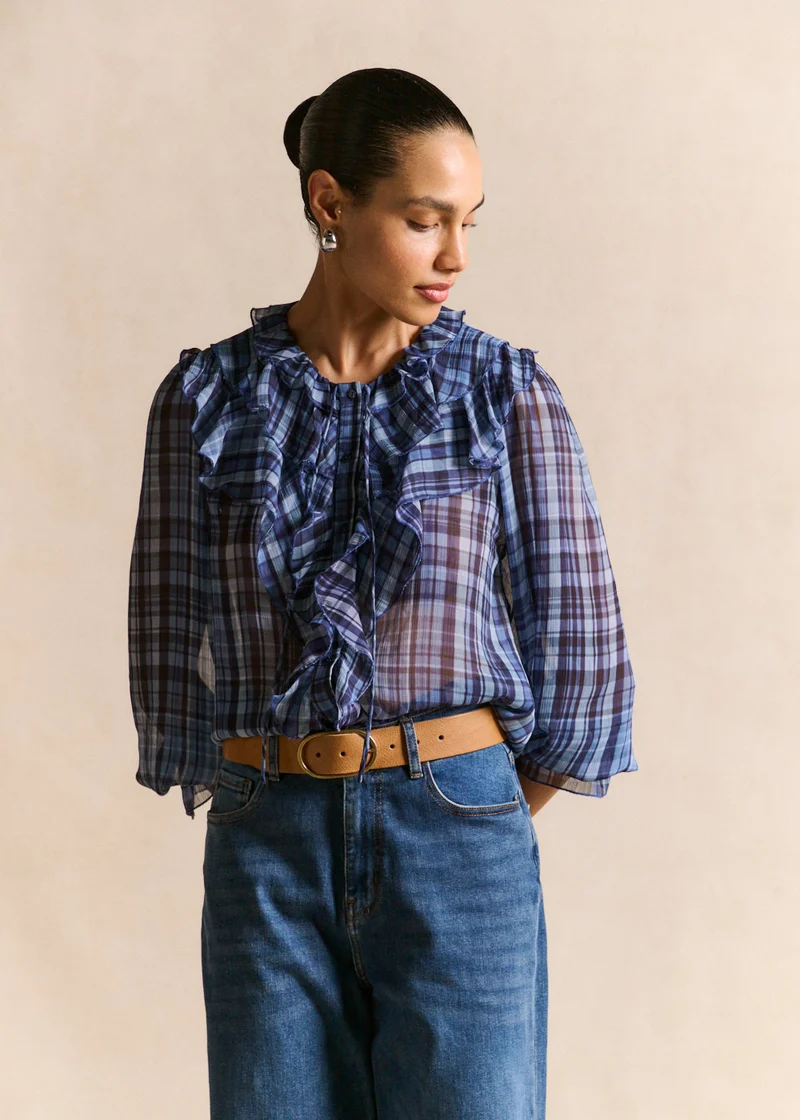 Chemise à carreaux volantée manches bouffantes