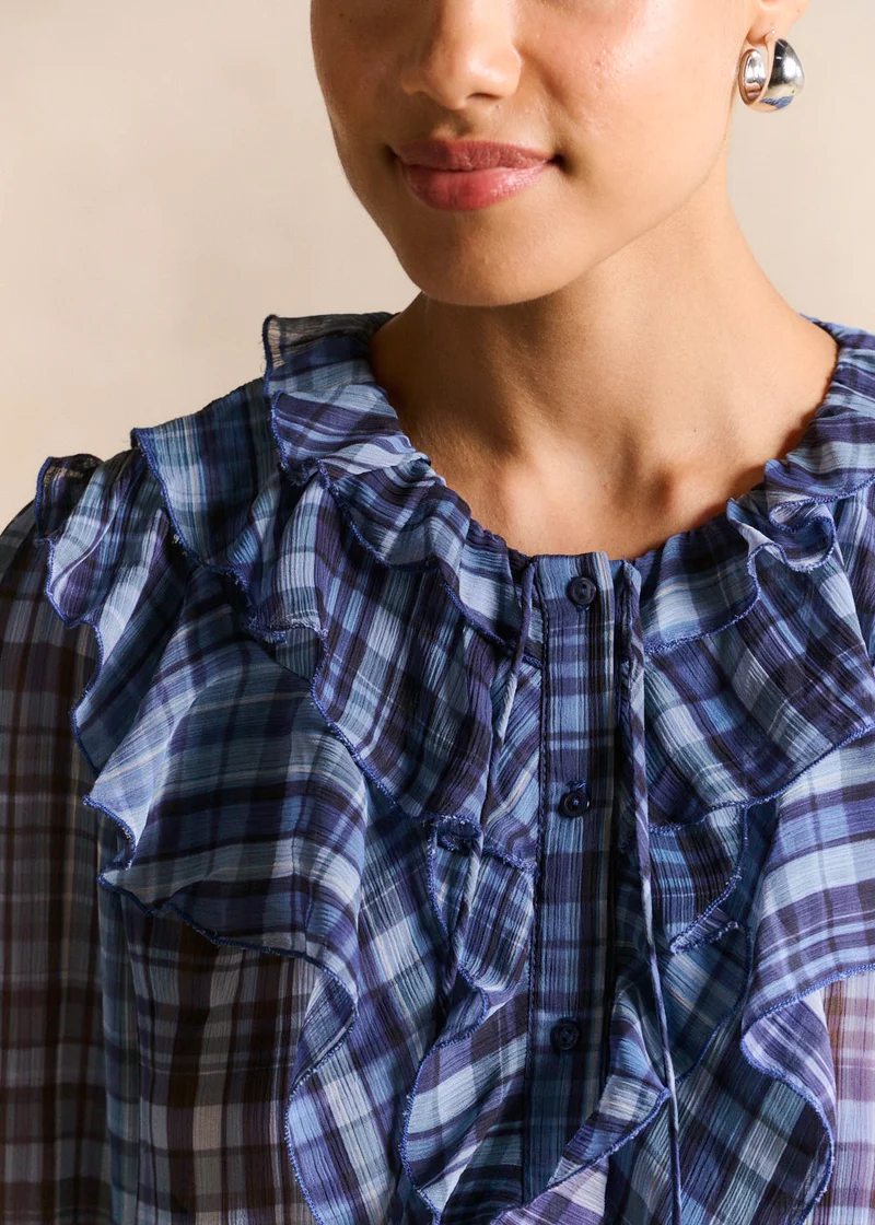 Chemise à carreaux volantée manches bouffantes