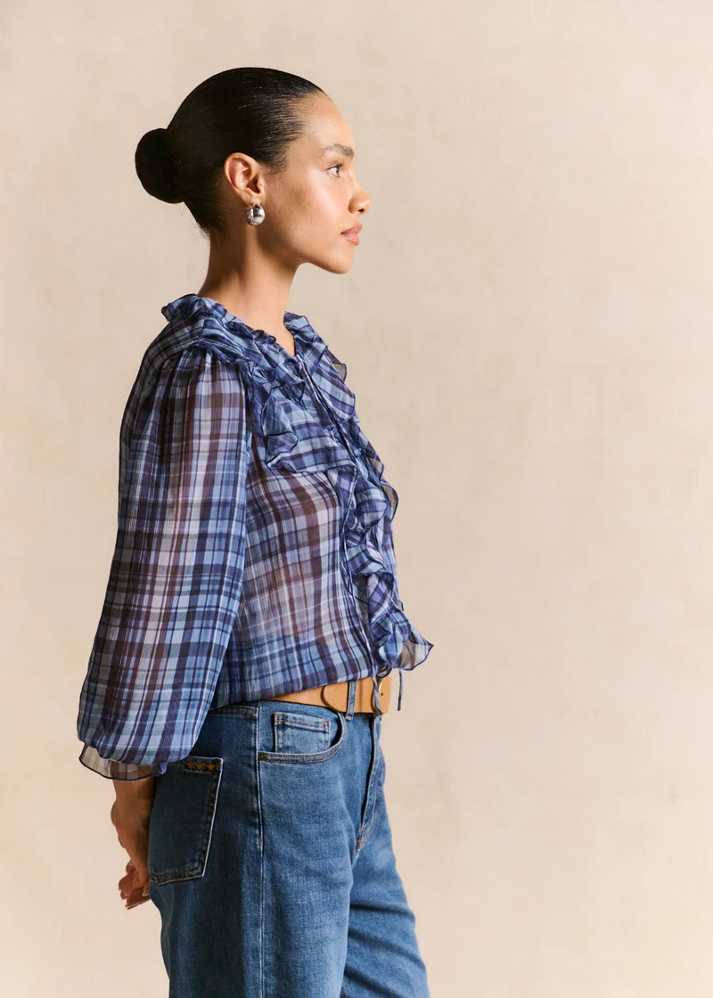 Chemise à carreaux volantée manches bouffantes