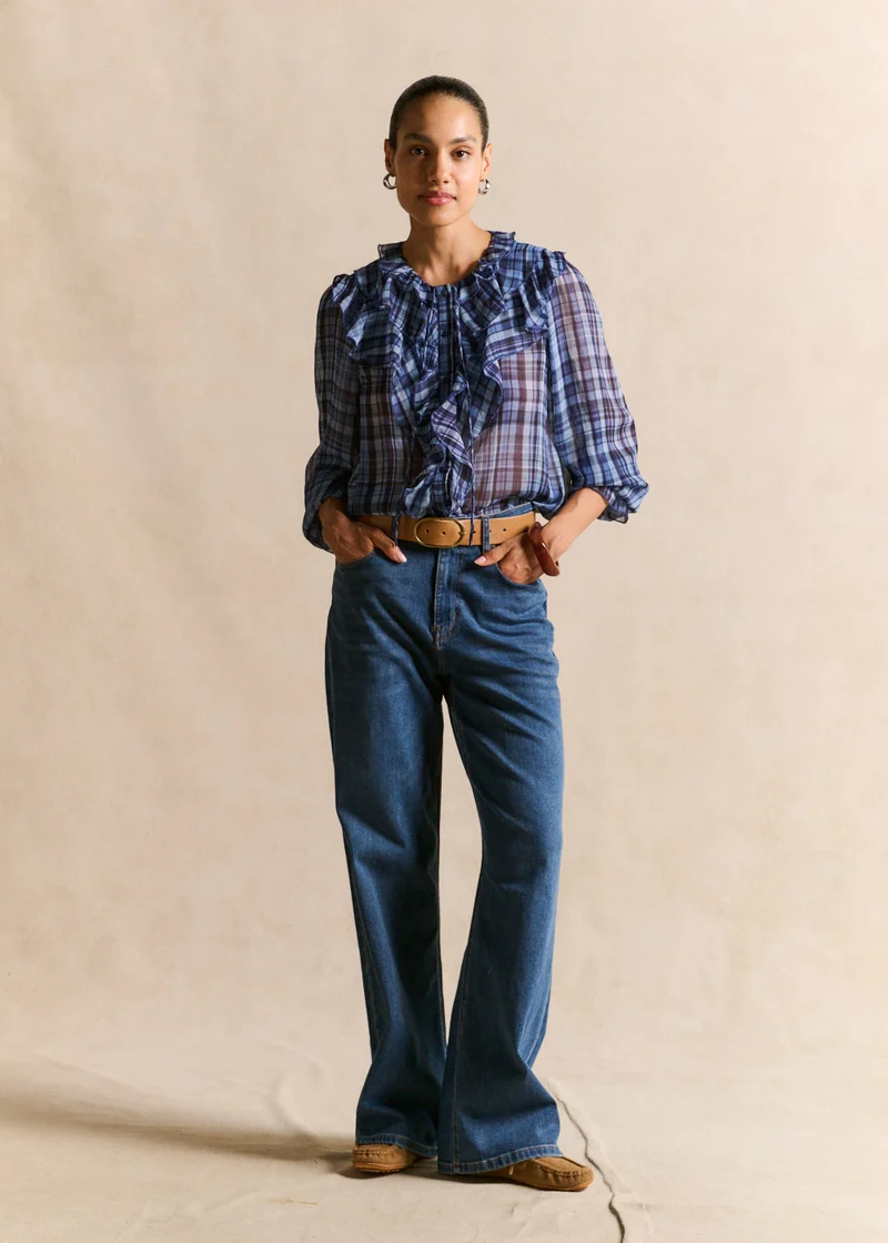 Chemise à carreaux volantée manches bouffantes