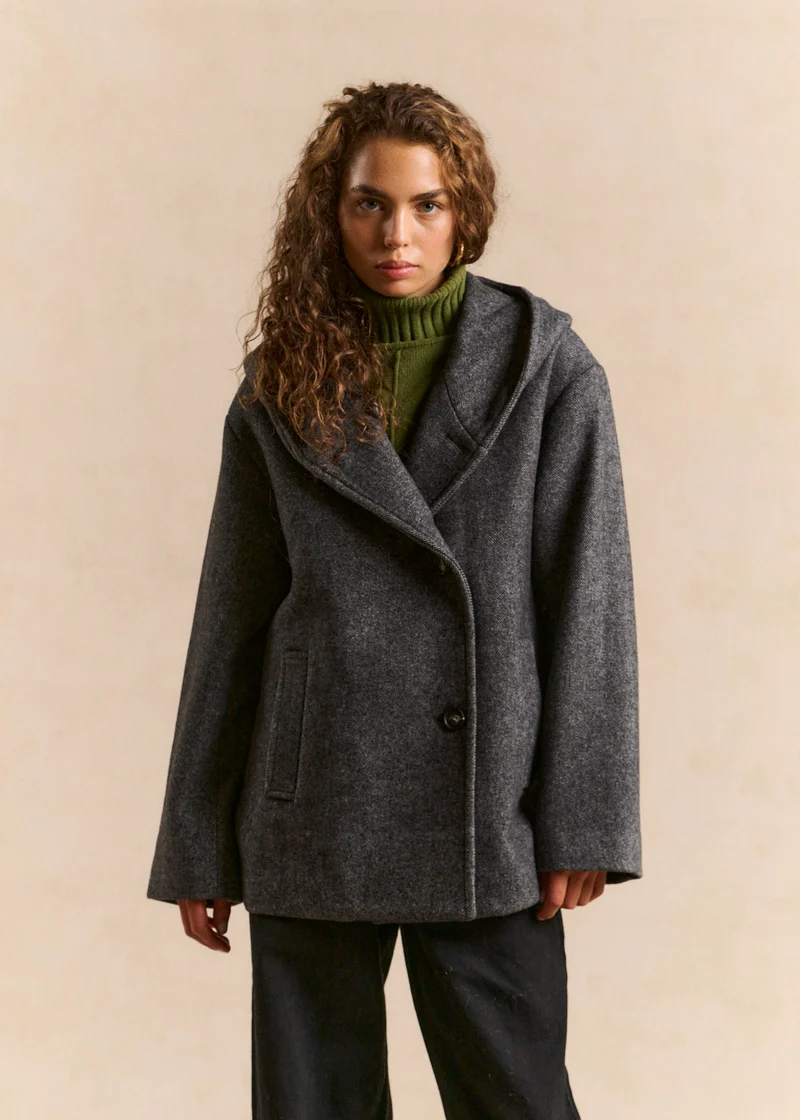 Manteau à capuche en lainage chevron