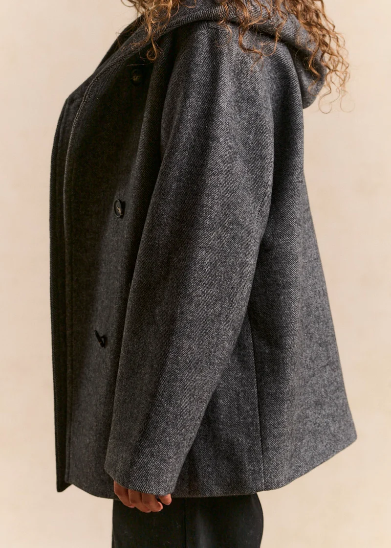 Manteau à capuche en lainage chevron