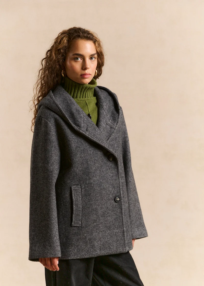 Manteau à capuche en lainage chevron