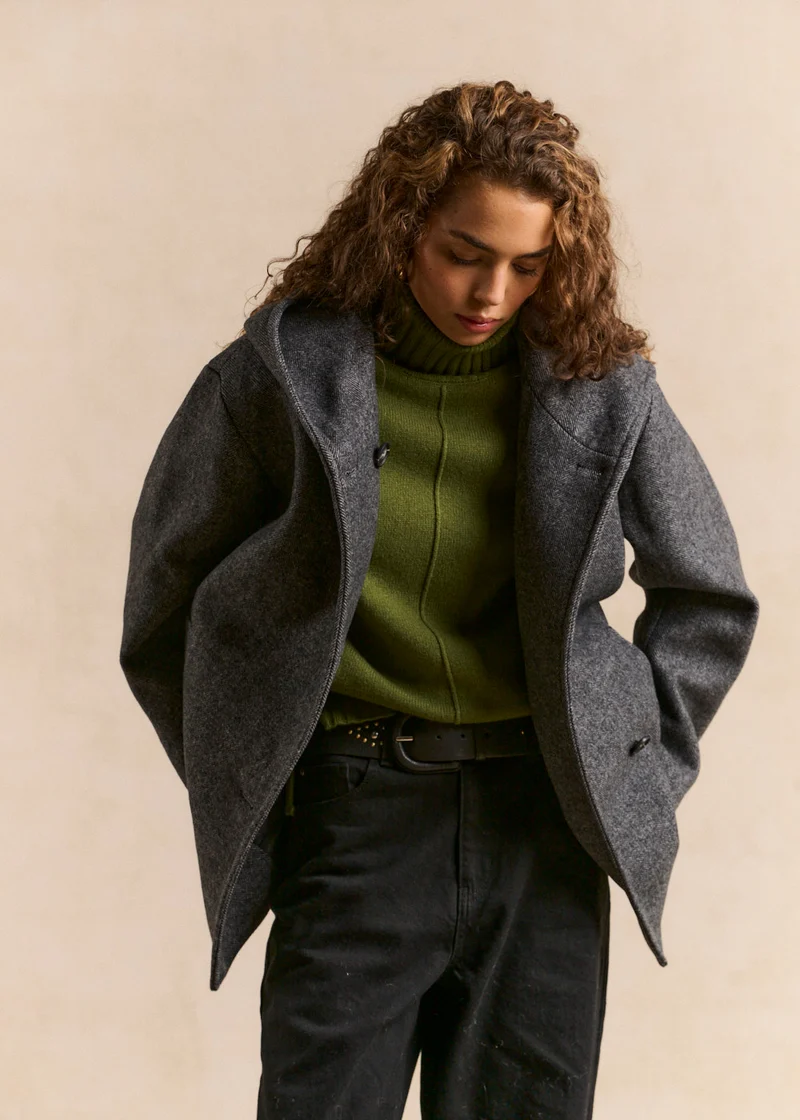 Manteau à capuche en lainage chevron