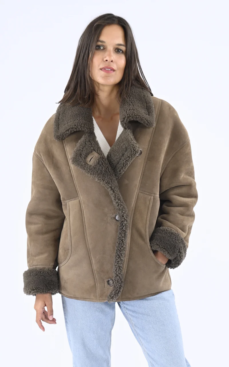 Veste peau lainée oversize Coralie kaki