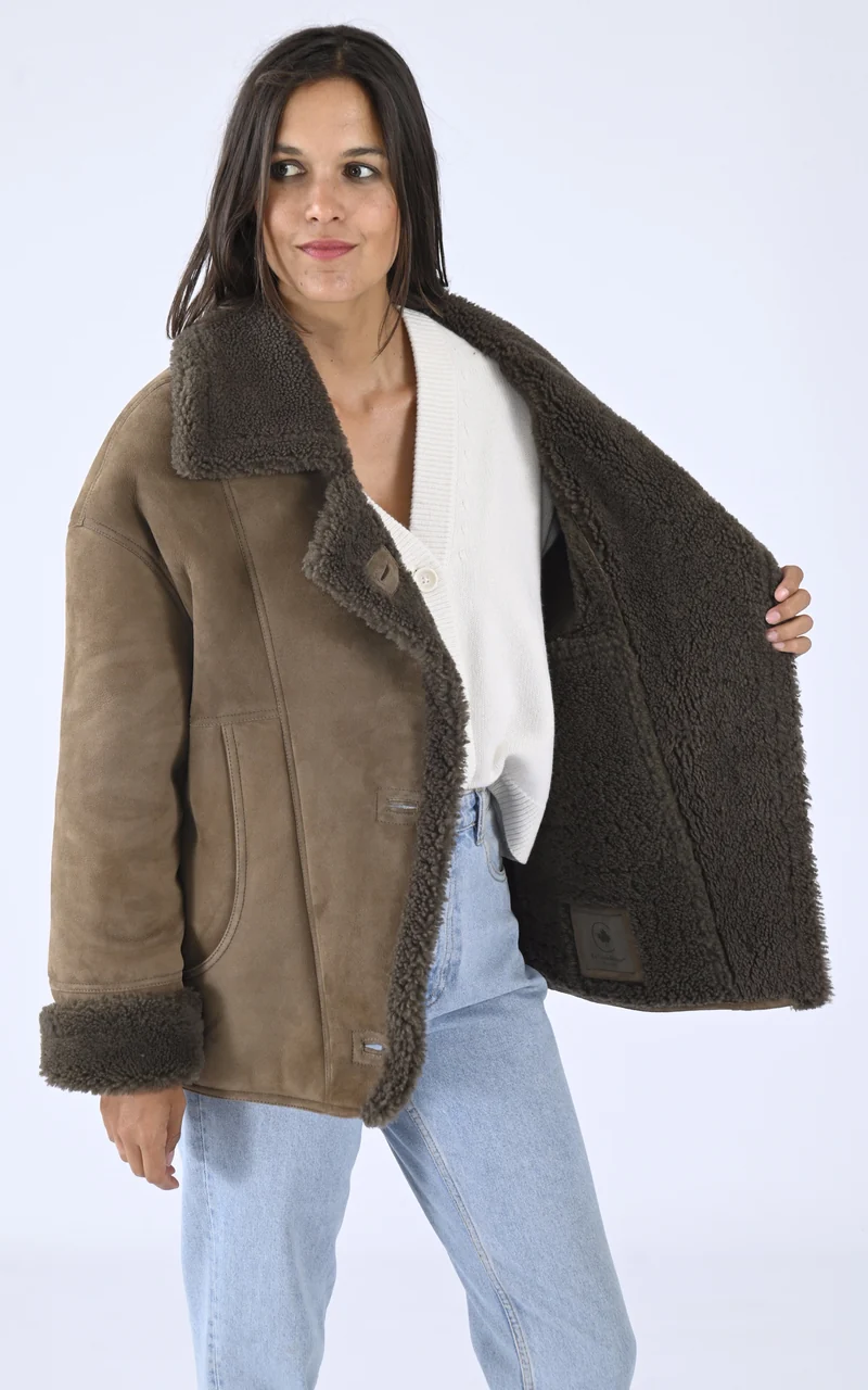 Veste peau lainée oversize Coralie kaki
