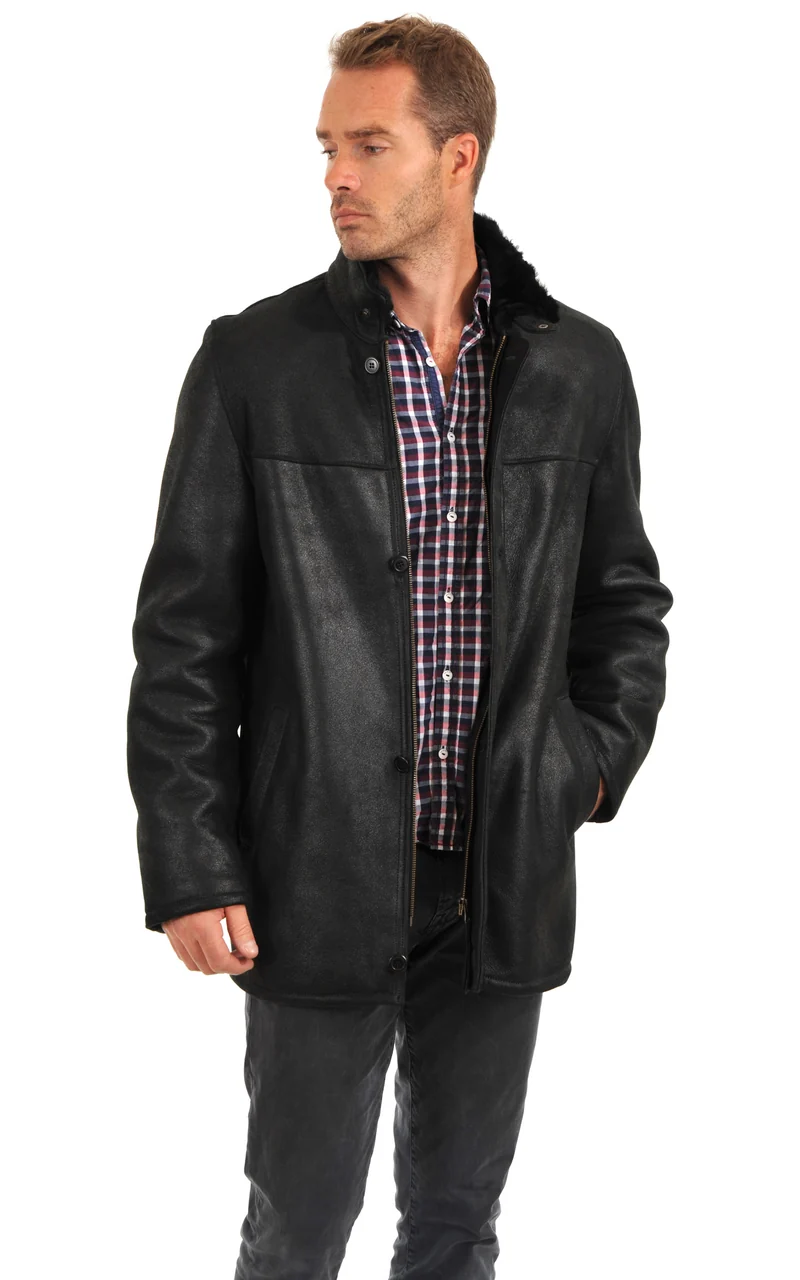 Veste 3/4 peau lainée mérinos noir