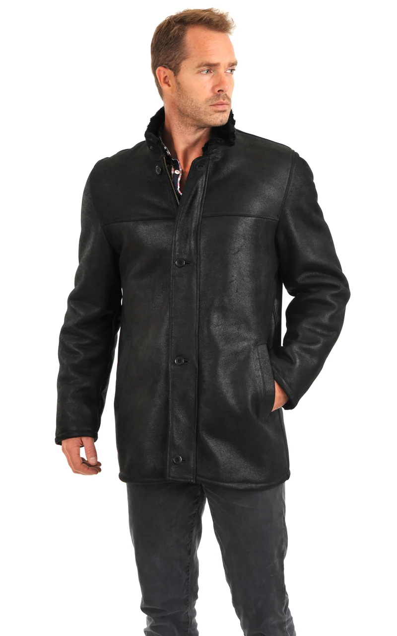 Veste 3/4 peau lainée mérinos noir