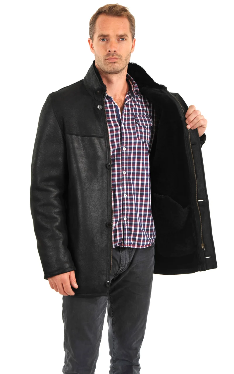 Veste 3/4 peau lainée mérinos noir