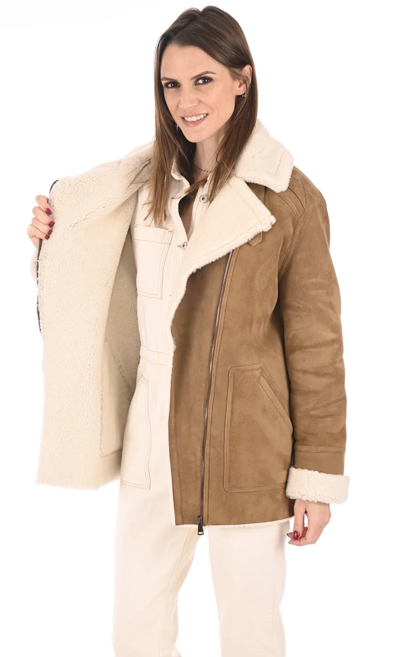 Veste peau lainée loose camel