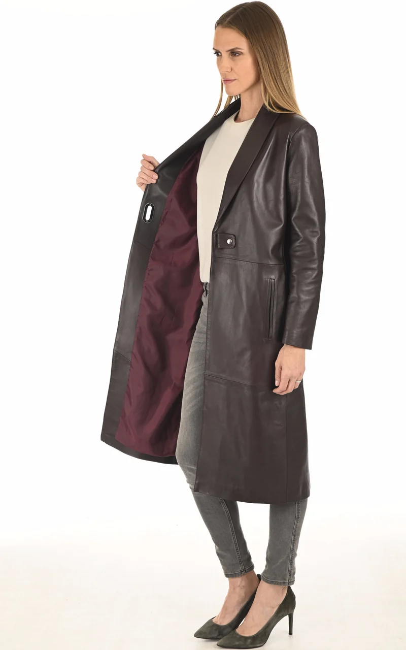 Veste longue cuir agneau lie de vin