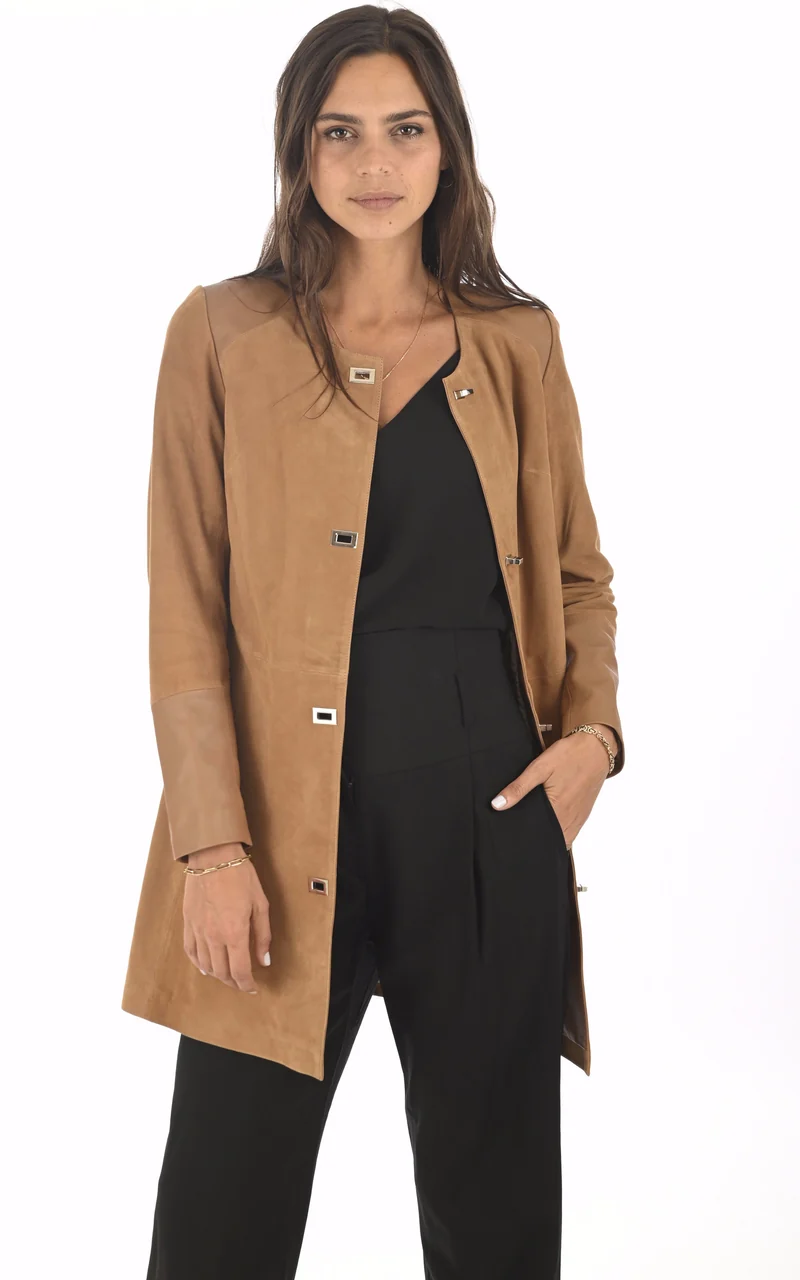 Veste cuir bi-matière camel