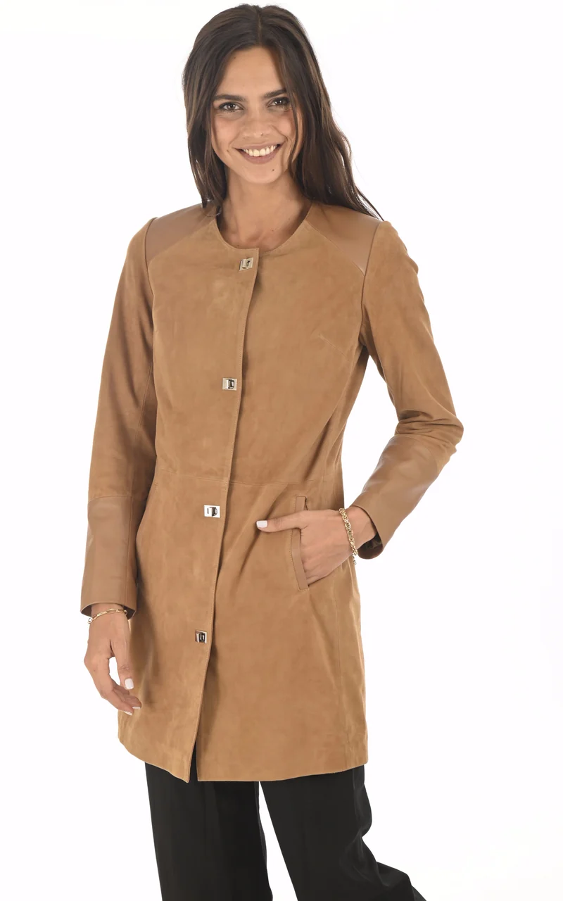 Veste cuir bi-matière camel