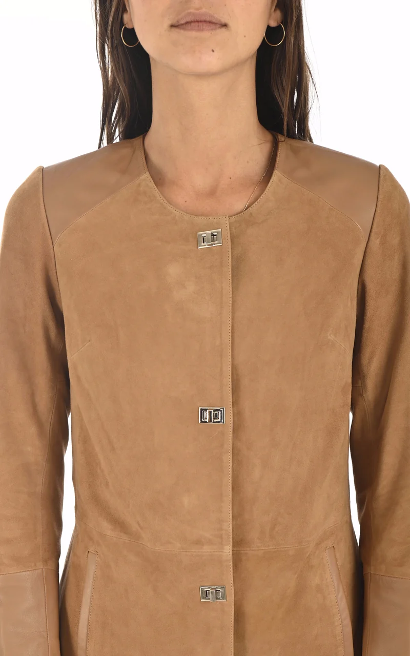 Veste cuir bi-matière camel