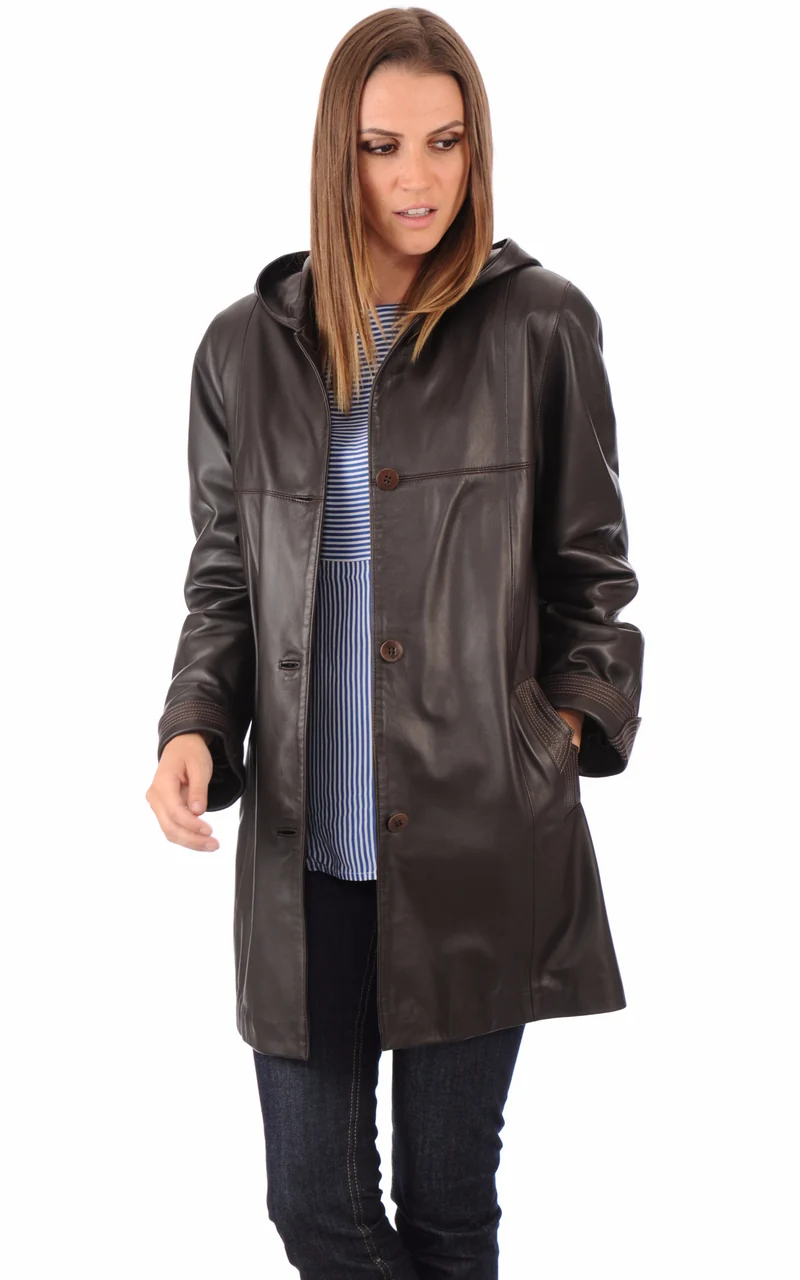 Veste capuche cuir marron