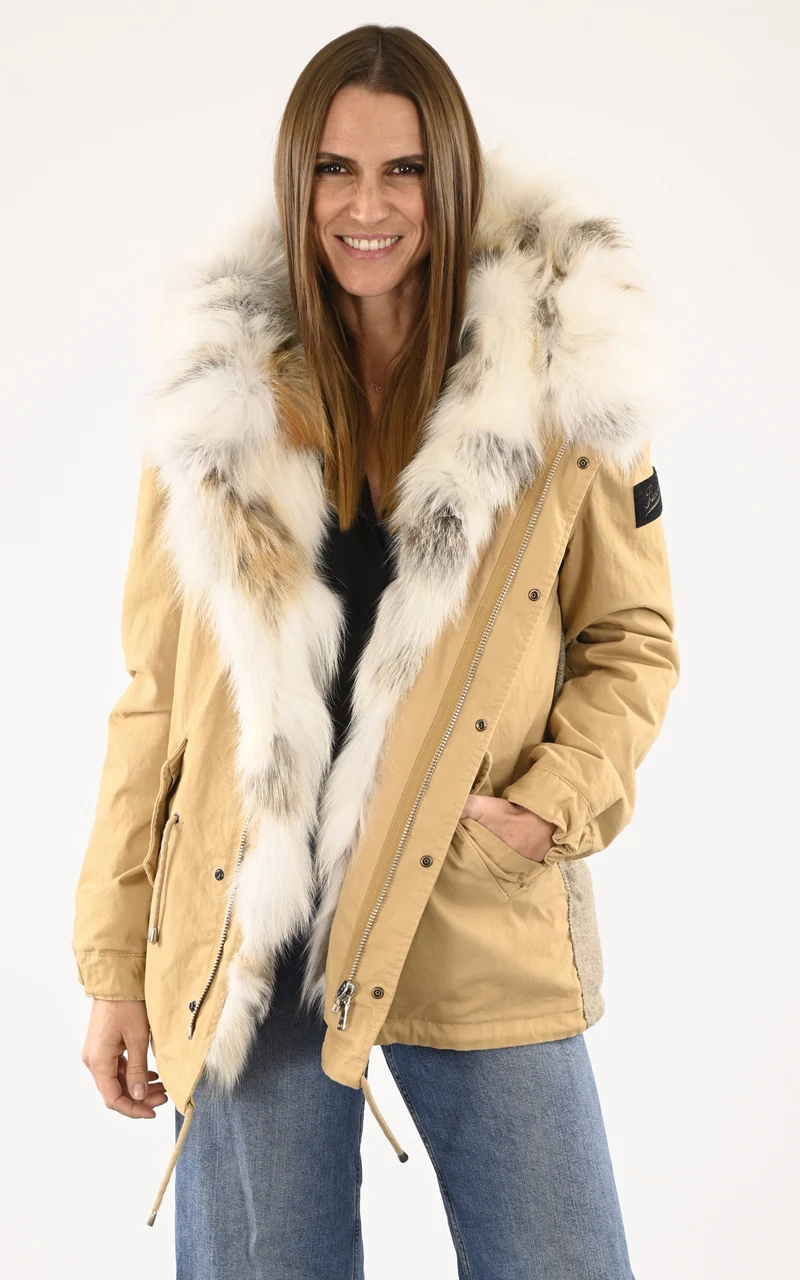 Parka bi-matière beige avec fourrure